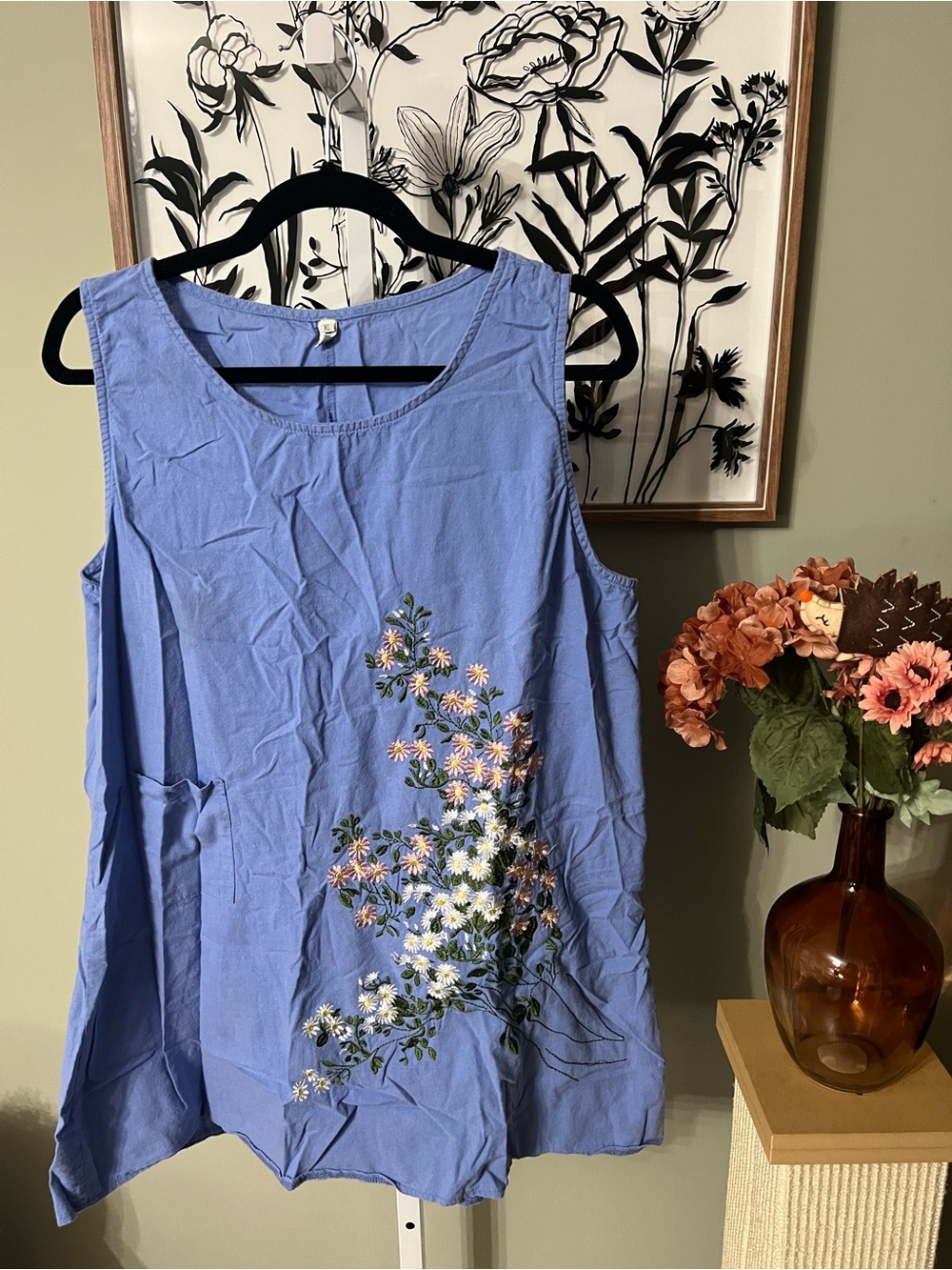Misslook Sleeveless Blue Floral Embroidered Tunic Top Size XL